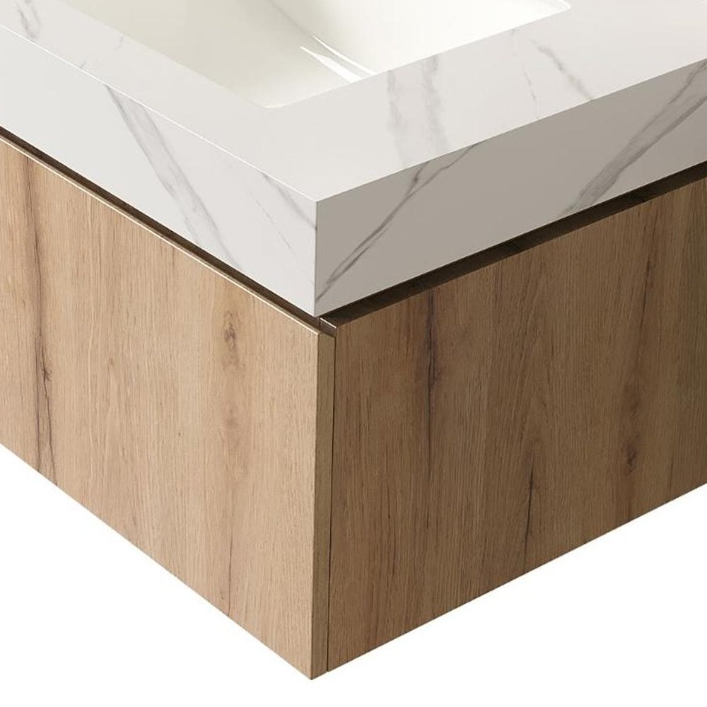 30" Brown Wood Floating Single Door Bathroom Vanity With White Ceramic Sink — view 3