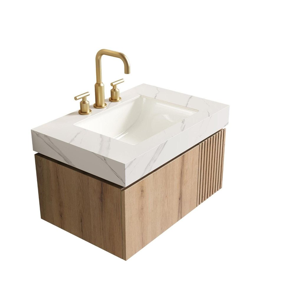 30" Brown Wood Floating Single Door Bathroom Vanity With White Ceramic Sink — view 5
