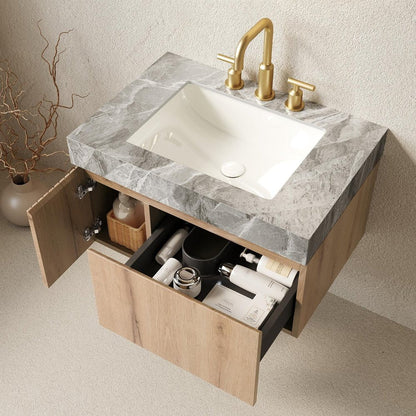 30" Brown Wood Floating Single Door Bathroom Vanity With White Ceramic Sink HomeRoots
