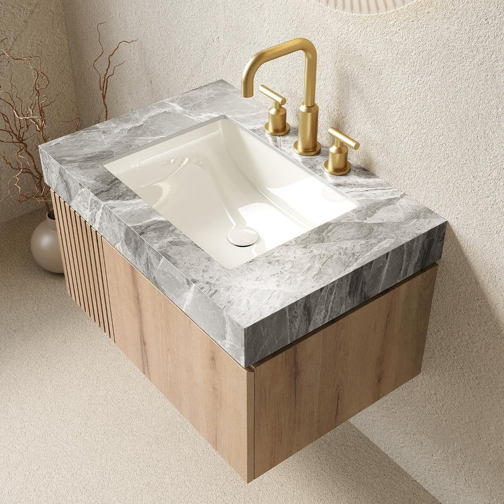 30" Brown Wood Floating Single Door Bathroom Vanity With White Ceramic Sink — view 2