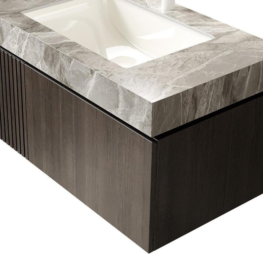 36" Brown Wood Floating Single Door Bathroom Vanity With White Ceramic Sink — view 7