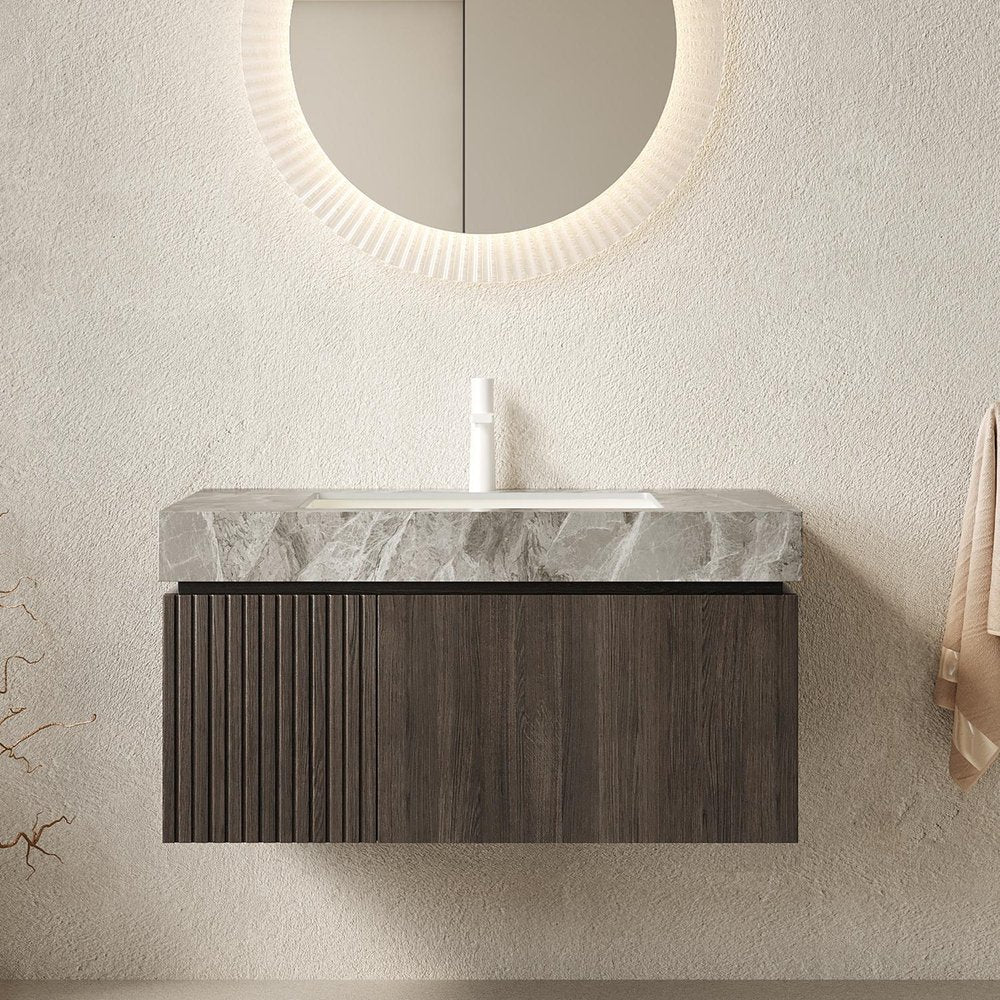 36" Brown Wood Floating Single Door Bathroom Vanity With White Ceramic Sink — view 1