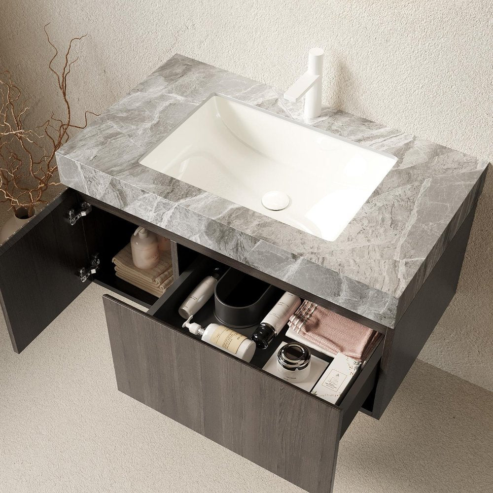 36" Brown Wood Floating Single Door Bathroom Vanity With White Ceramic Sink — view 2