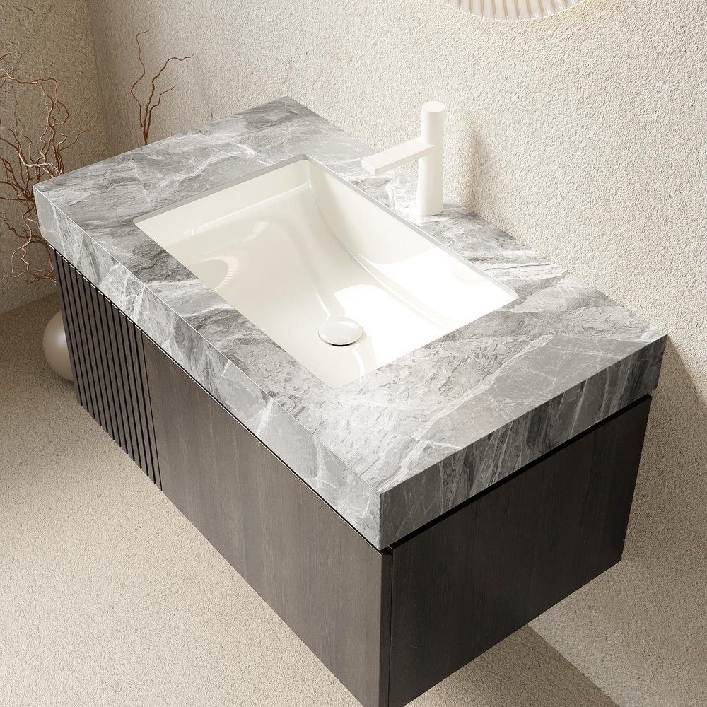 36" Brown Wood Floating Single Door Bathroom Vanity With White Ceramic Sink — view 3
