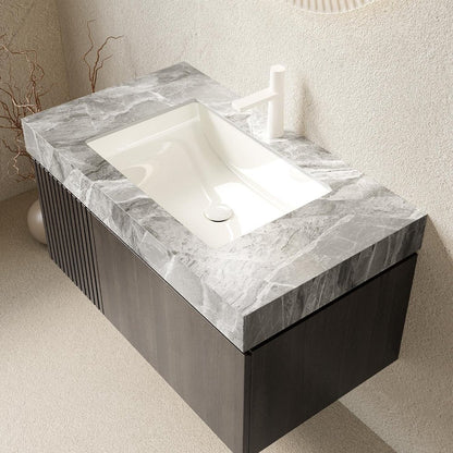 36" Brown Wood Floating Single Door Bathroom Vanity With White Ceramic Sink HomeRoots