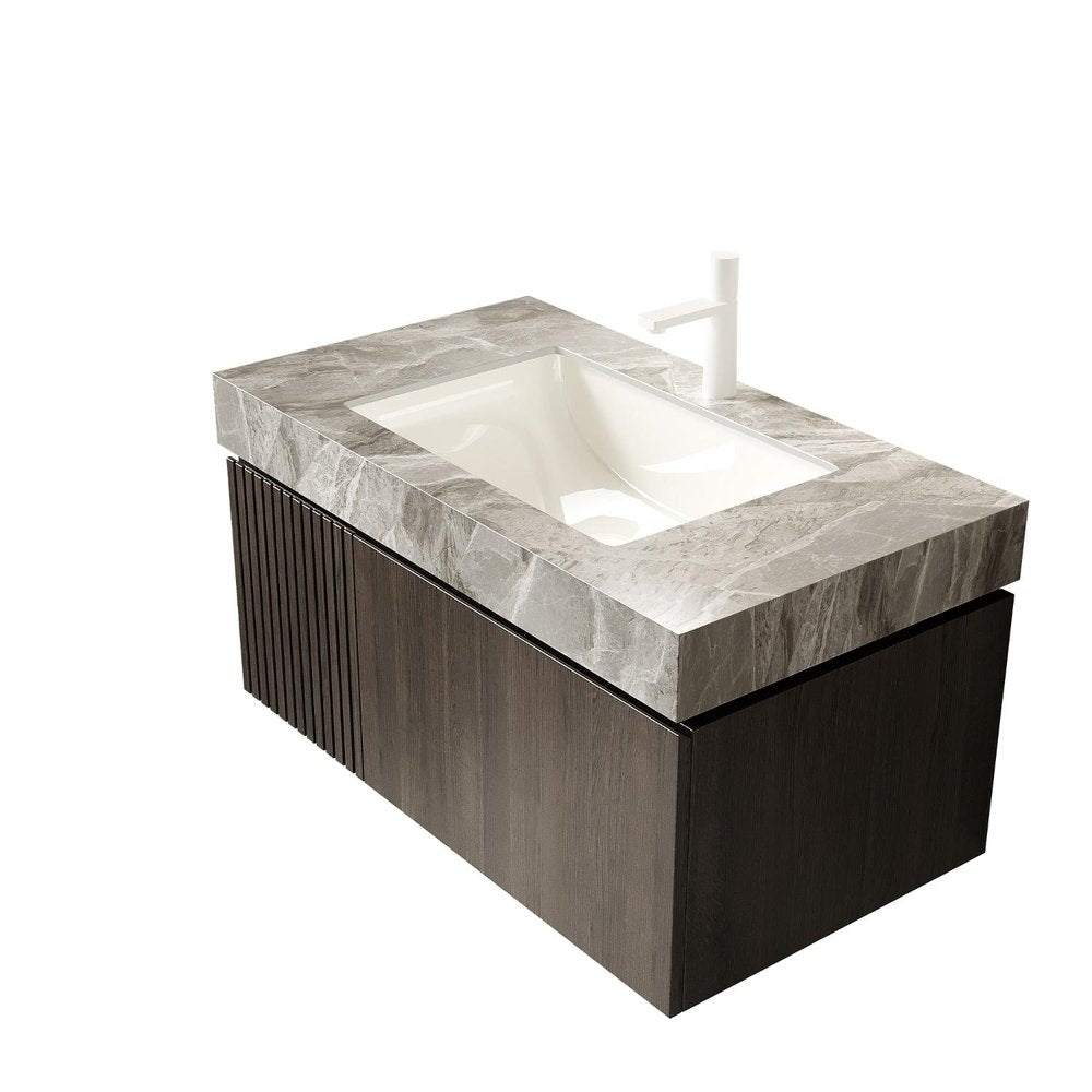 36" Brown Wood Floating Single Door Bathroom Vanity With White Ceramic Sink HomeRoots