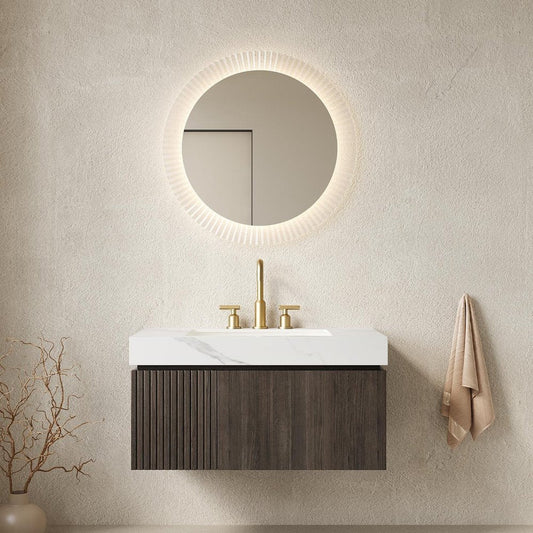 36" Black Wood Floating Single Door Bathroom Vanity With White Ceramic Sink