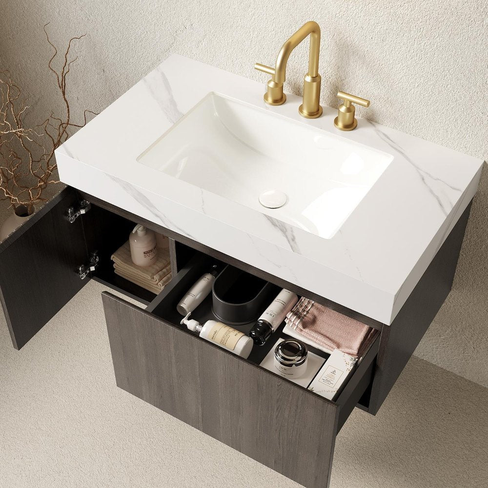 36" Black Wood Floating Single Door Bathroom Vanity With White Ceramic Sink