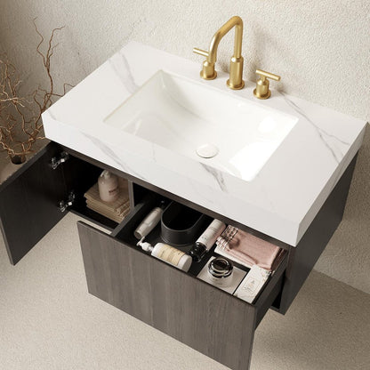 36" Black Wood Floating Single Door Bathroom Vanity With White Ceramic Sink