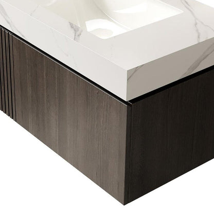 36" Black Wood Floating Single Door Bathroom Vanity With White Ceramic Sink