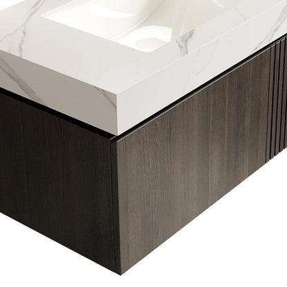 36" Black Wood Floating Single Door Bathroom Vanity With White Ceramic Sink