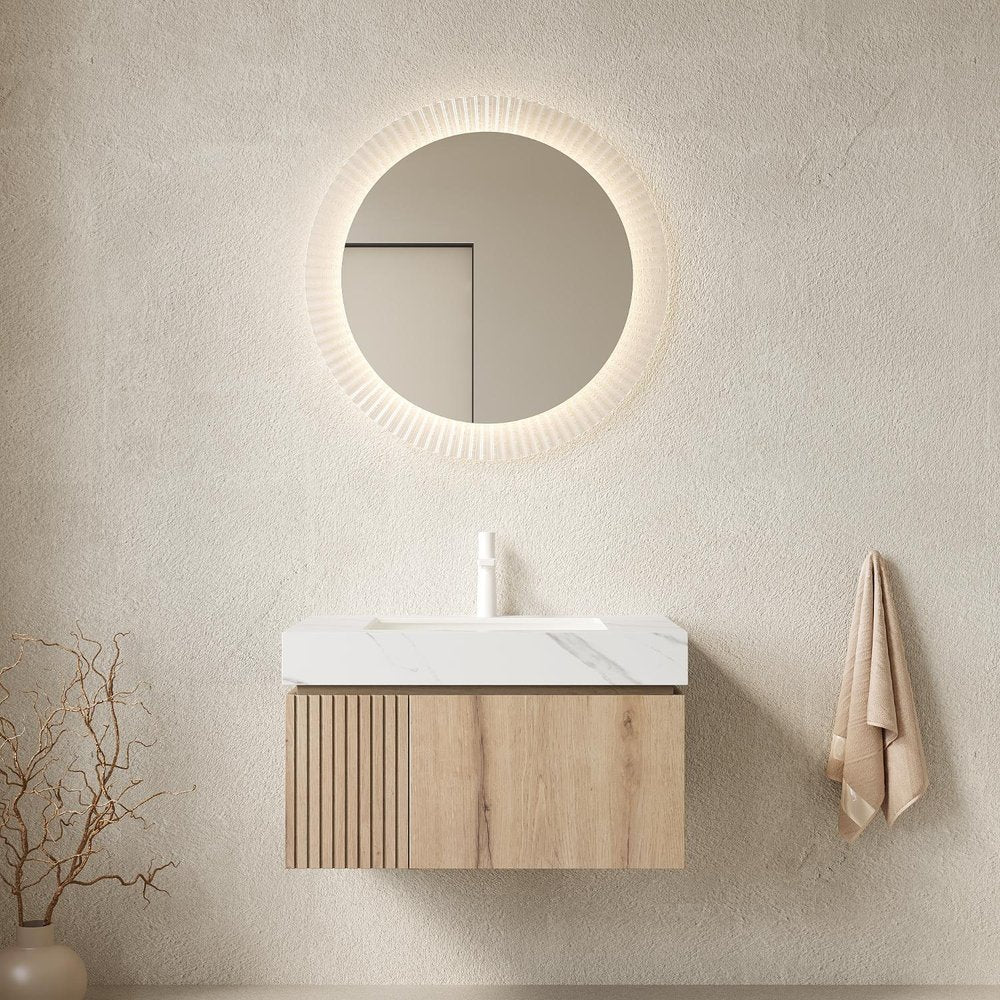 30" Brown Wood Floating Single Door Bathroom Vanity With White Ceramic Sink HomeRoots