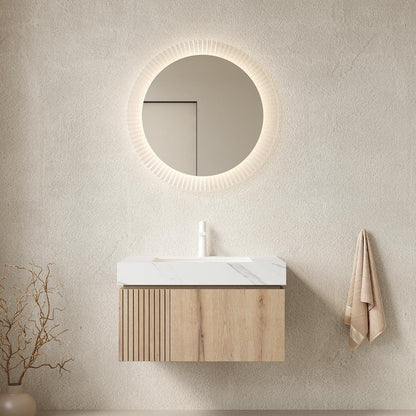 30" Brown Wood Floating Single Door Bathroom Vanity With White Ceramic Sink HomeRoots