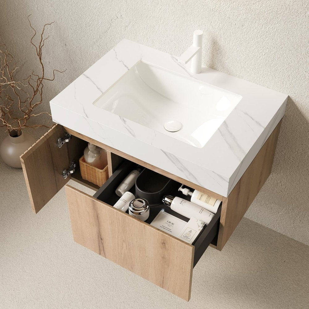 30" Brown Wood Floating Single Door Bathroom Vanity With White Ceramic Sink — view 3