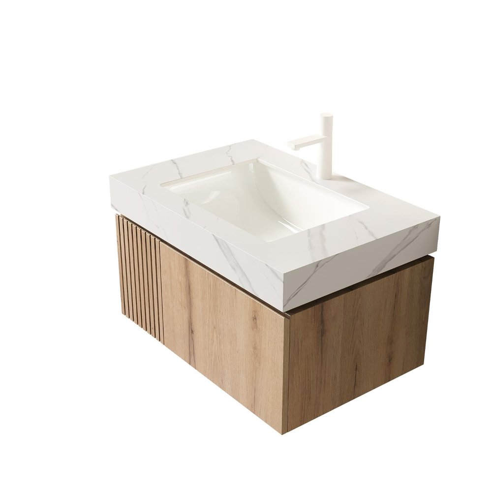 30" Brown Wood Floating Single Door Bathroom Vanity With White Ceramic Sink — view 4