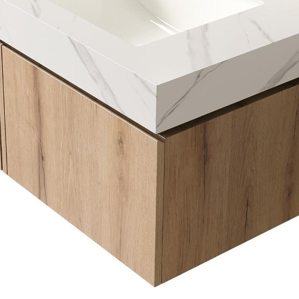 30" Brown Wood Floating Single Door Bathroom Vanity With White Ceramic Sink — view 5