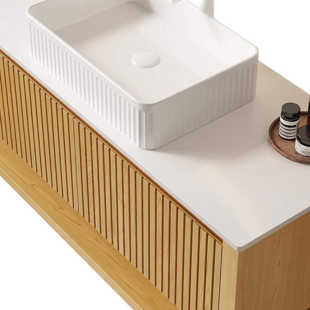 48" Brown Wood Floating Bathroom Vanity With White Ceramic Sink With Two Drawers HomeRoots
