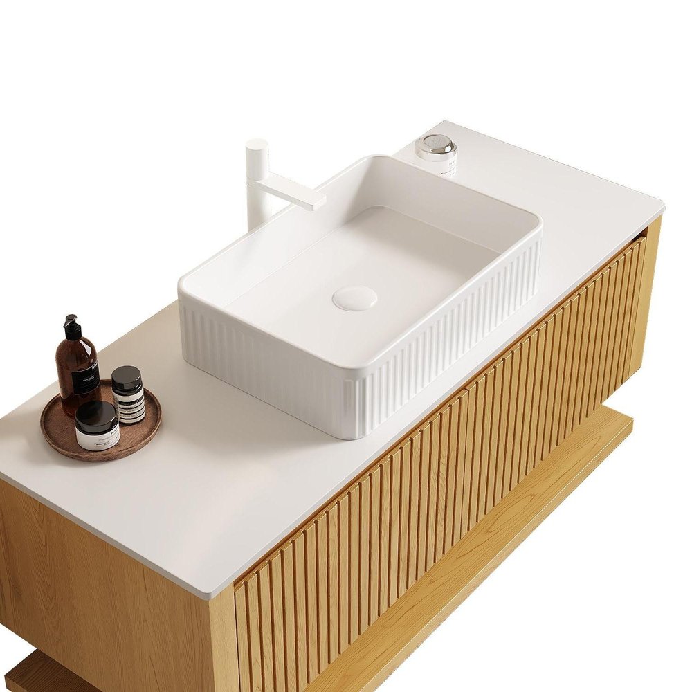 48" Brown Wood Floating Bathroom Vanity With White Ceramic Sink With Two Drawers HomeRoots