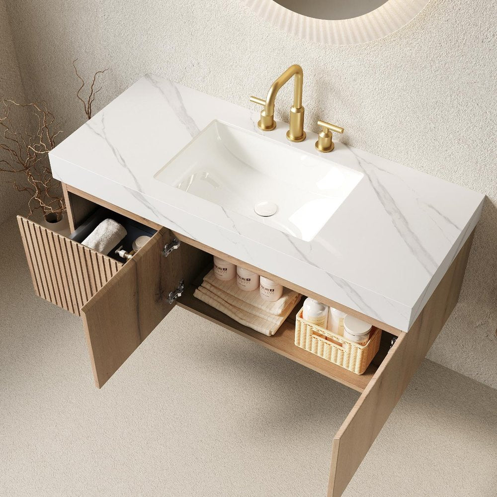 48" Brown Wood Floating Single Door Bathroom Vanity With White Ceramic Sink — view 1
