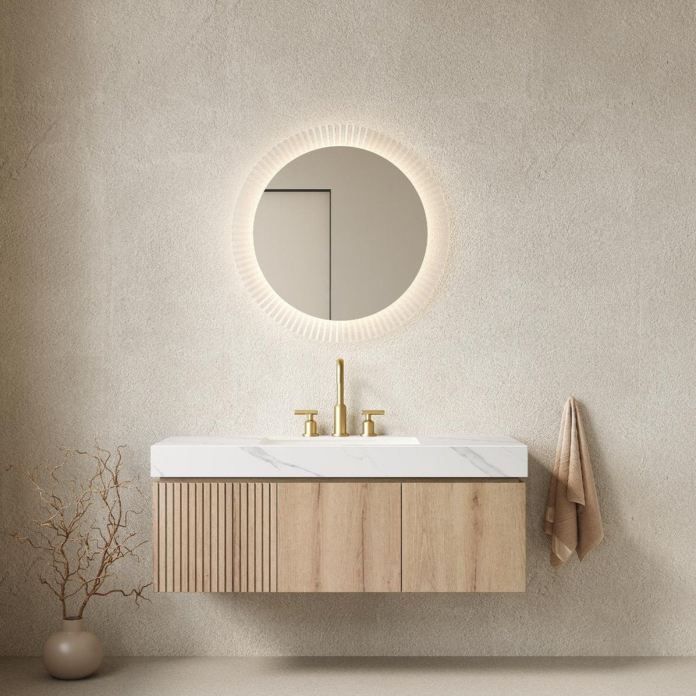 48" Brown Wood Floating Single Door Bathroom Vanity With White Ceramic Sink HomeRoots