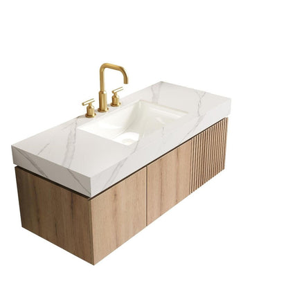 48" Brown Wood Floating Single Door Bathroom Vanity With White Ceramic Sink