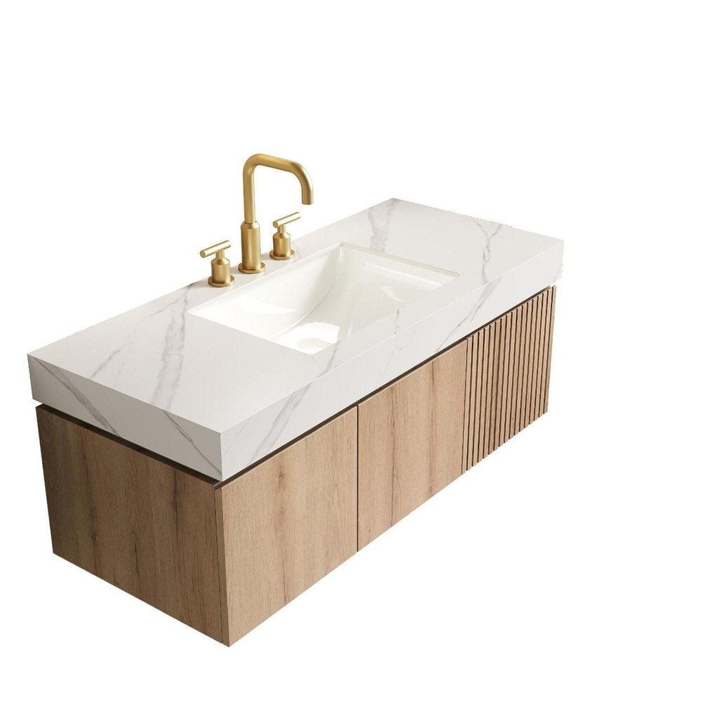 48" Brown Wood Floating Single Door Bathroom Vanity With White Ceramic Sink — view 3