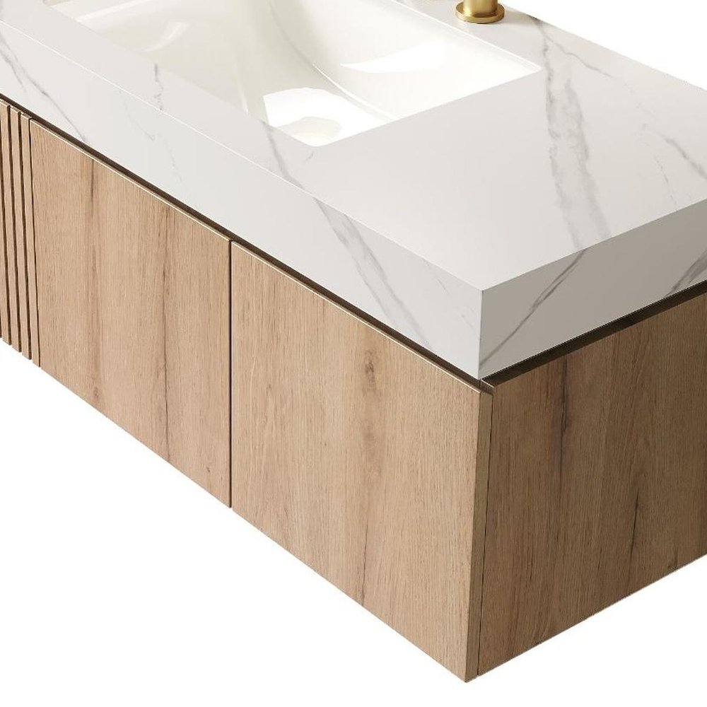 48" Brown Wood Floating Single Door Bathroom Vanity With White Ceramic Sink HomeRoots