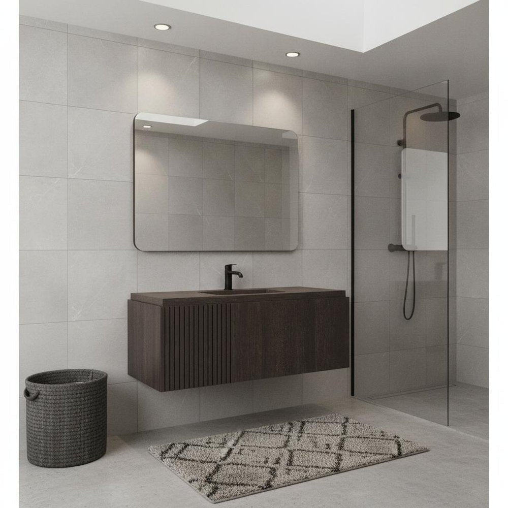 35" Brown Wood Floating Single Door Bathroom Vanity HomeRoots