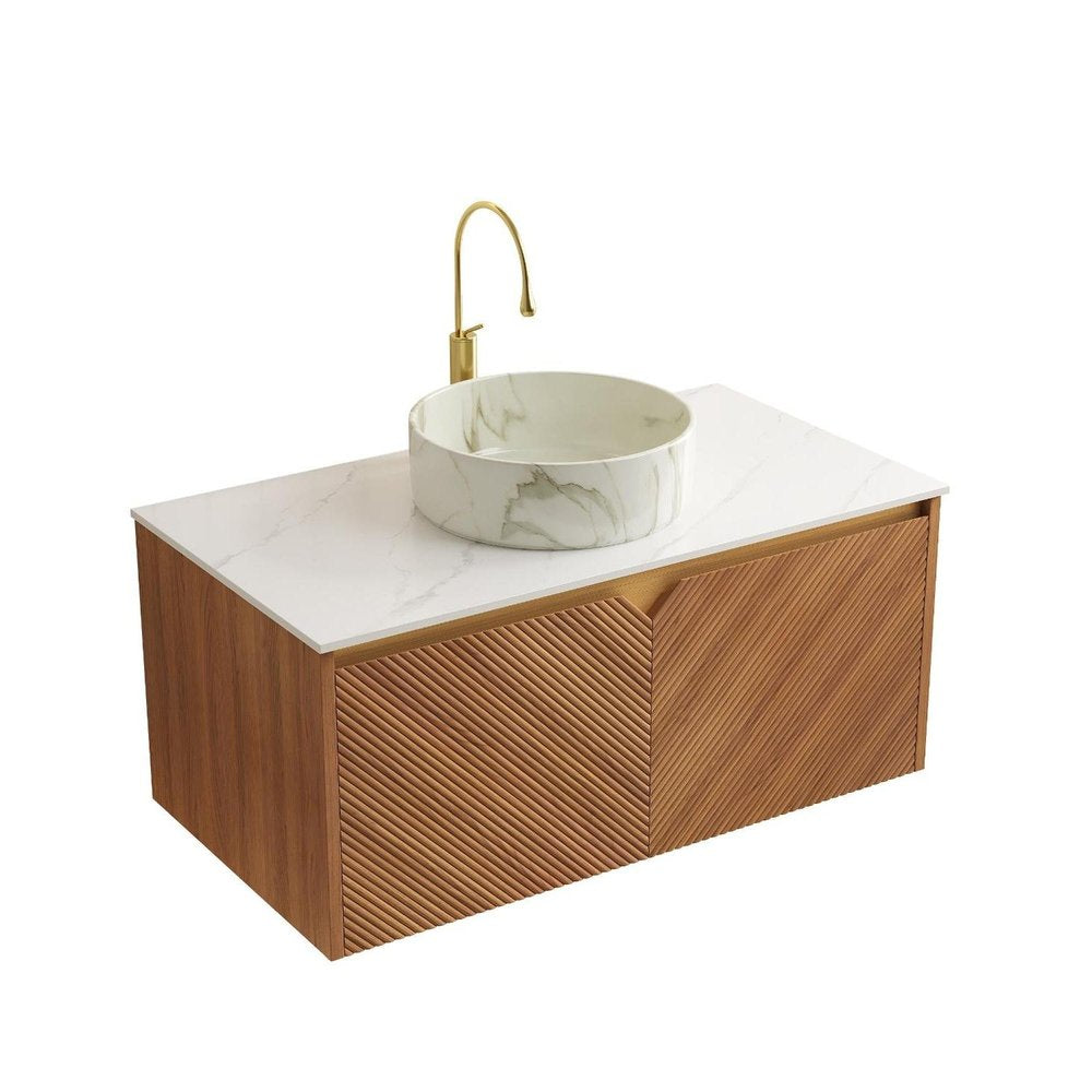 36" Brown Wood Floating Bathroom Vanity With White Ceramic Sink With Two Drawers — view 4