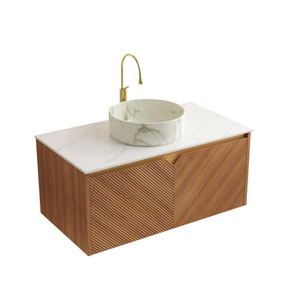 36" Brown Wood Floating Bathroom Vanity With White Ceramic Sink With Two Drawers HomeRoots