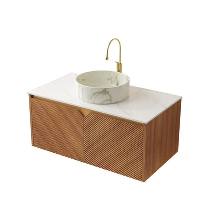 36" Brown Wood Floating Bathroom Vanity With White Ceramic Sink With Two Drawers HomeRoots