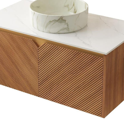36" Brown Wood Floating Bathroom Vanity With White Ceramic Sink With Two Drawers HomeRoots