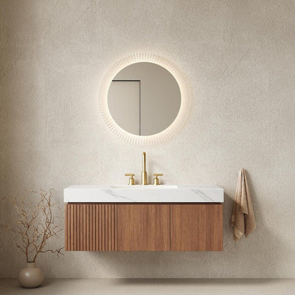 48" Brown Wood Floating Double Door Bathroom Vanity With White Ceramic Sink HomeRoots