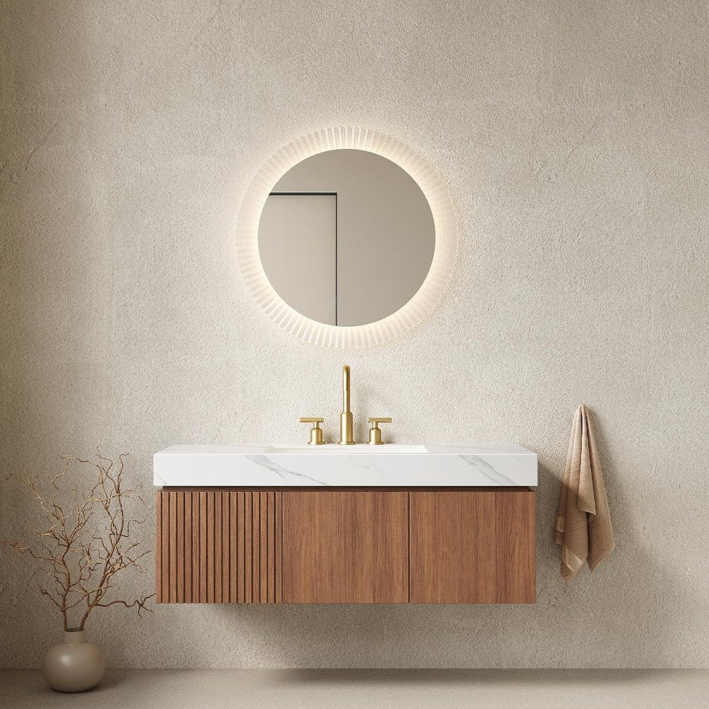 48" Brown Wood Floating Double Door Bathroom Vanity With White Ceramic Sink — view 1