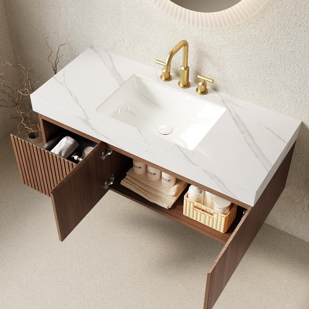 48" Brown Wood Floating Double Door Bathroom Vanity With White Ceramic Sink