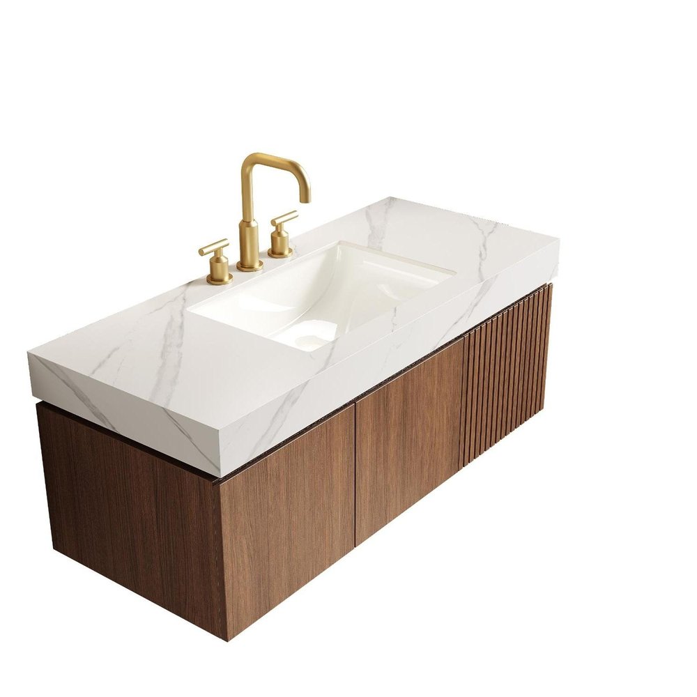 48" Brown Wood Floating Double Door Bathroom Vanity With White Ceramic Sink