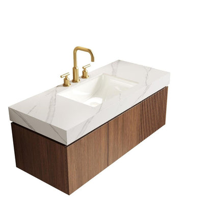 48" Brown Wood Floating Double Door Bathroom Vanity With White Ceramic Sink