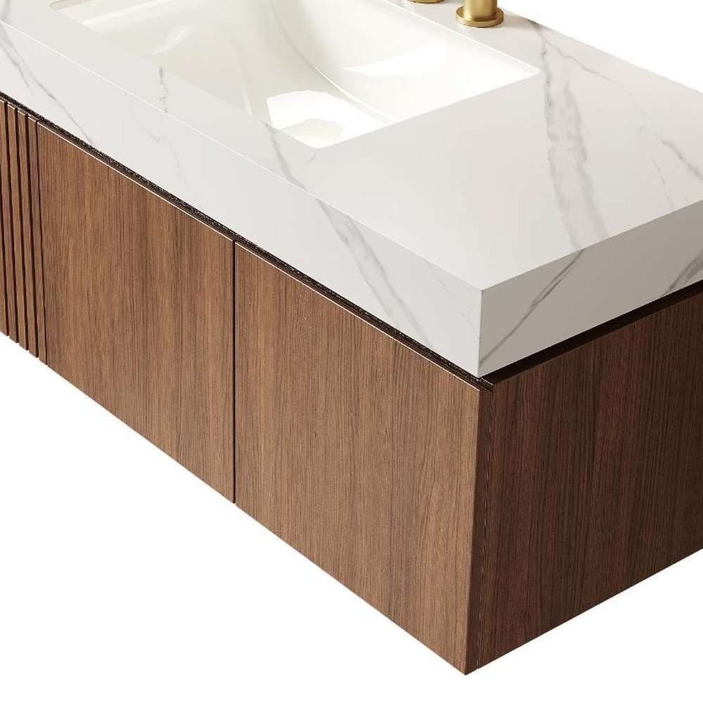 48" Brown Wood Floating Double Door Bathroom Vanity With White Ceramic Sink HomeRoots