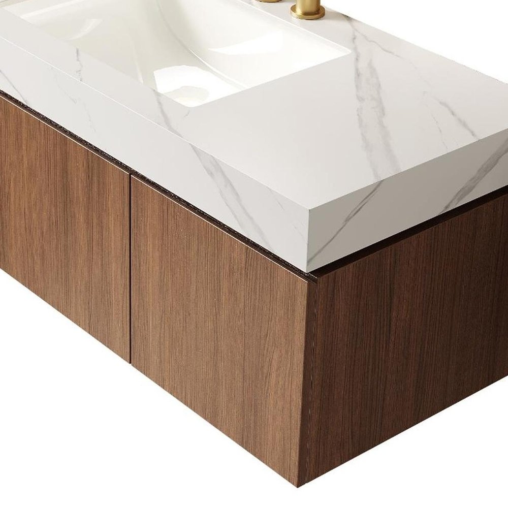 48" Brown Wood Floating Double Door Bathroom Vanity With White Ceramic Sink — view 5
