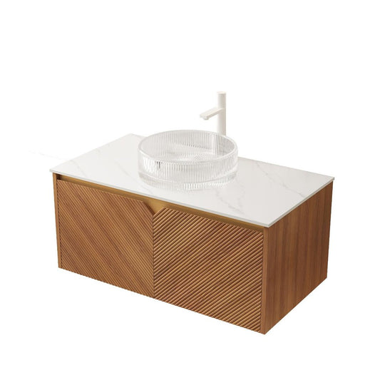 36" Brown Wood Floating Double Door Bathroom Vanity With White Glass Sink
