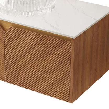36" Brown Wood Floating Double Door Bathroom Vanity With White Glass Sink HomeRoots