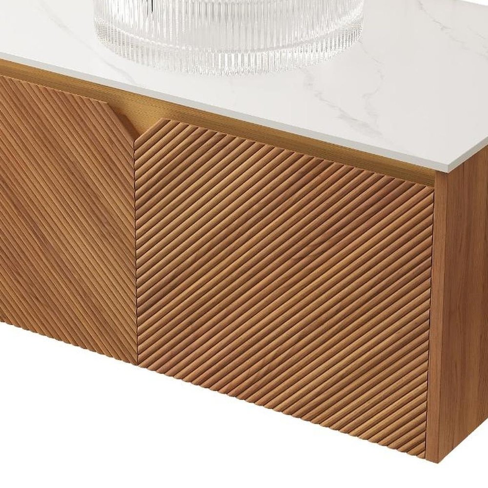 36" Brown Wood Floating Double Door Bathroom Vanity With White Glass Sink HomeRoots