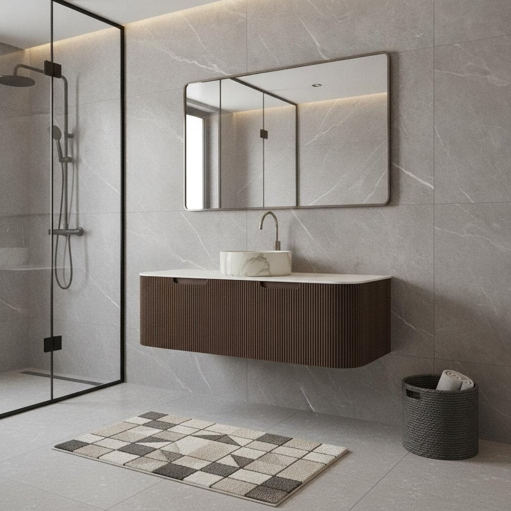 48" Brown Wood Floating Bathroom Vanity With White Ceramic Sink With Two Drawers HomeRoots