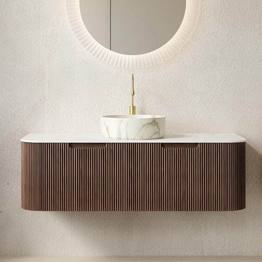48" Brown Wood Floating Bathroom Vanity With White Ceramic Sink With Two Drawers