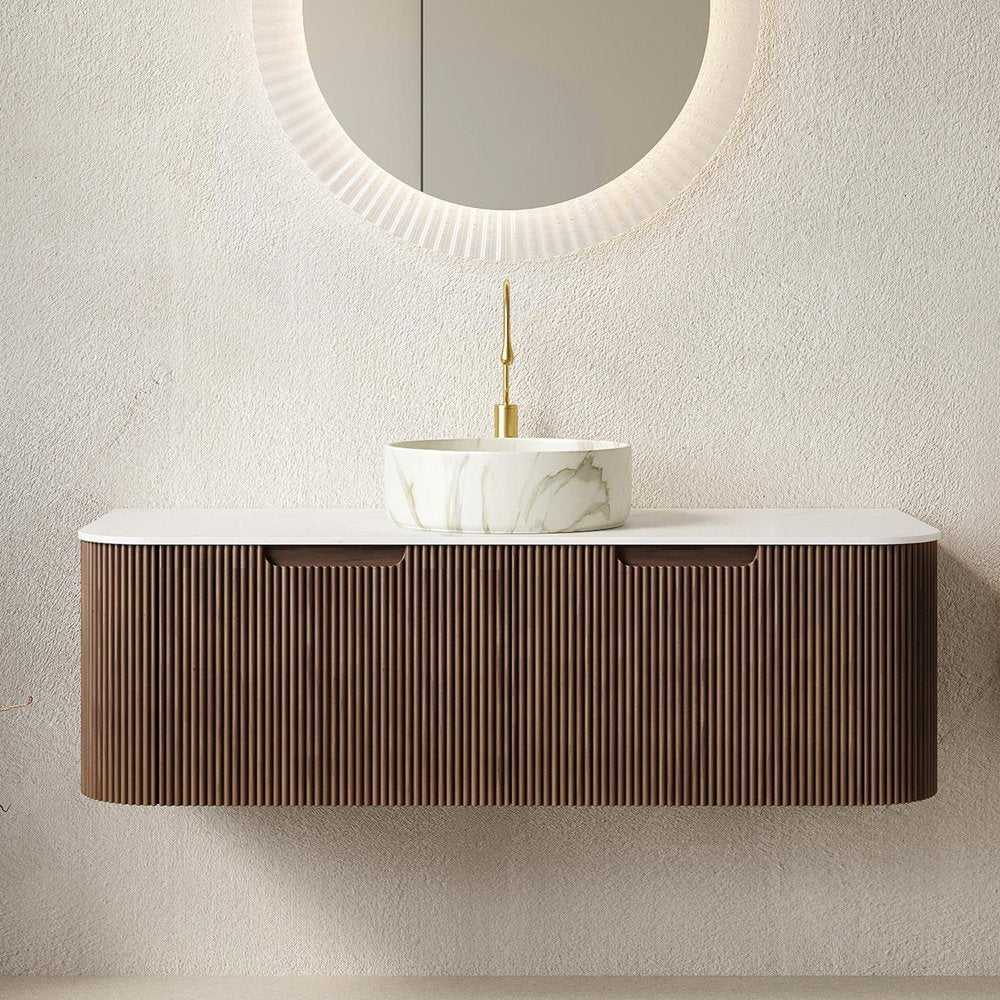 48" Brown Wood Floating Bathroom Vanity With White Ceramic Sink With Two Drawers — view 1