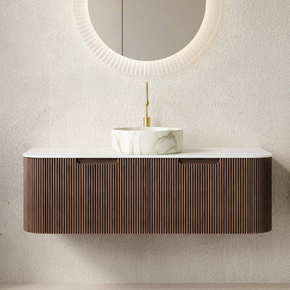 48" Brown Wood Floating Bathroom Vanity With White Ceramic Sink With Two Drawers HomeRoots