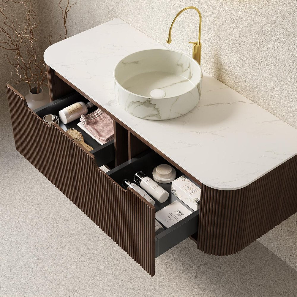 48" Brown Wood Floating Bathroom Vanity With White Ceramic Sink With Two Drawers HomeRoots