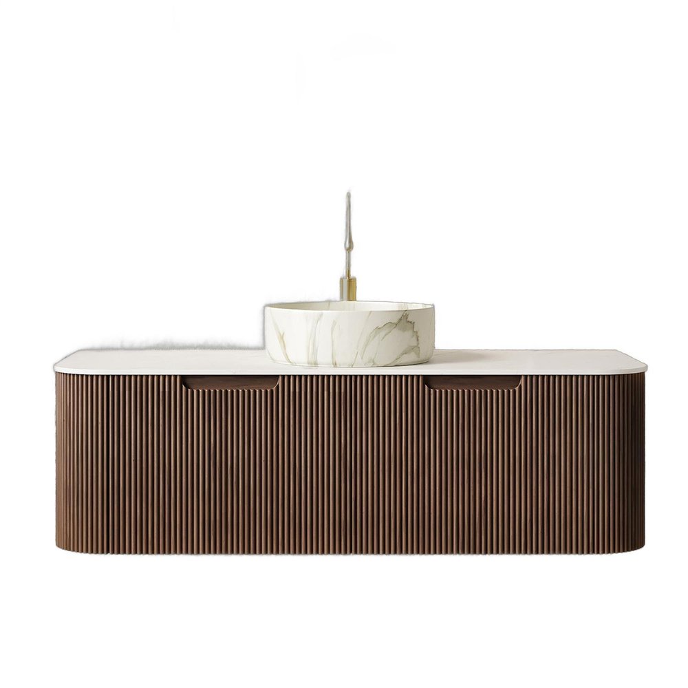 48" Brown Wood Floating Bathroom Vanity With White Ceramic Sink With Two Drawers HomeRoots
