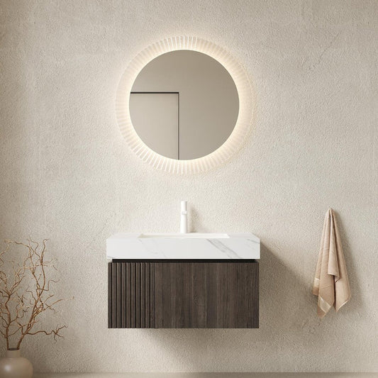 30" Brown Wood Floating Single Door Bathroom Vanity With White Ceramic Sink