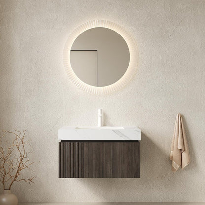 30" Brown Wood Floating Single Door Bathroom Vanity With White Ceramic Sink HomeRoots
